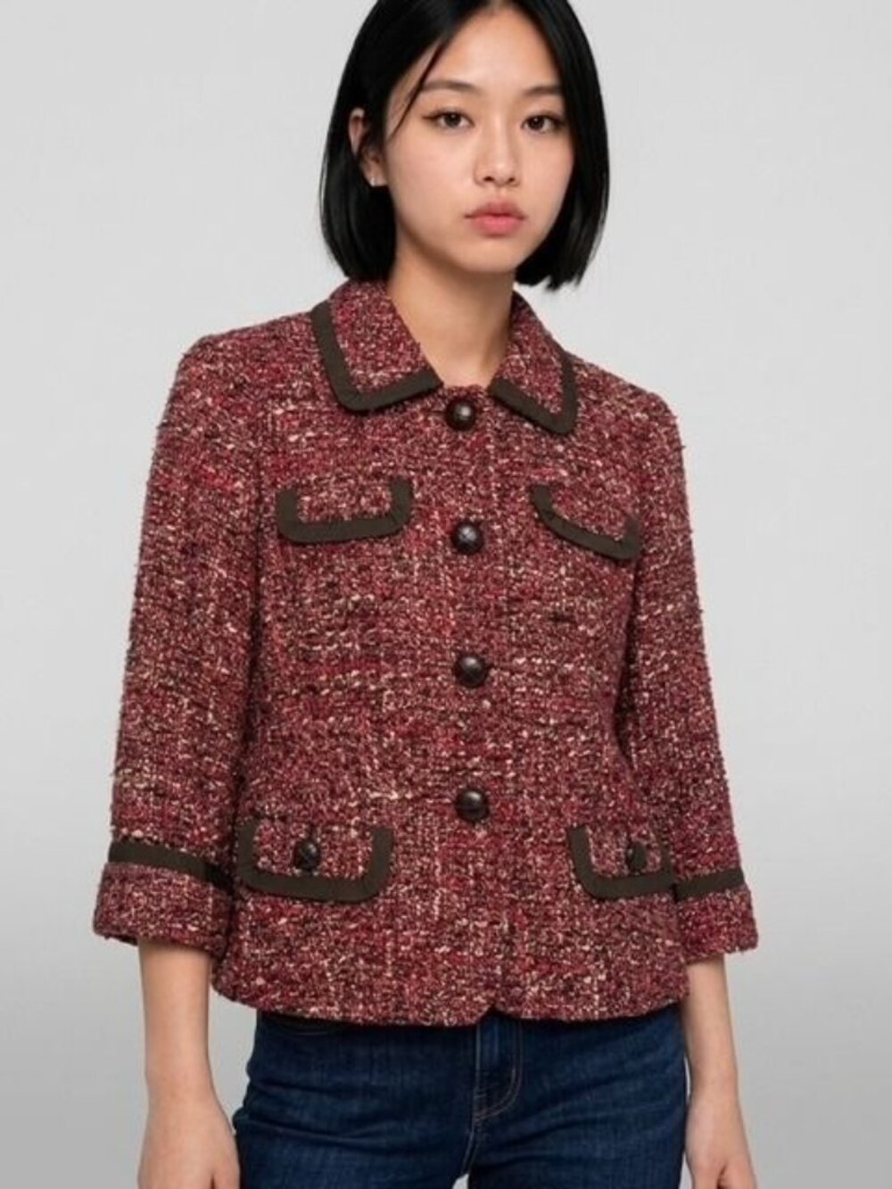 Talbots Women's Burgundy Tweed Jacket With Brown Trim Button Front 3/4 Sleeves - Picture 3 of 6